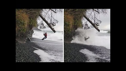 Woman on swing gets totally slammed by massive wave