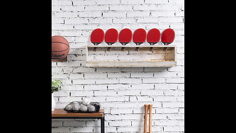 MyGift Wall Mounted Vintage Gray Wood Ping Paddle Table Tennis Display Rack Holder with Ball St...