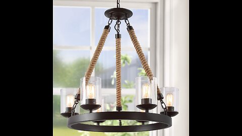 LNC Farmhouse Chandelier, Round Wagon Wheel 6-Light Fixture with Clear Glass Shades for Dining...