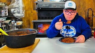 Dutch Oven Chili Cooked on a Wood Stove