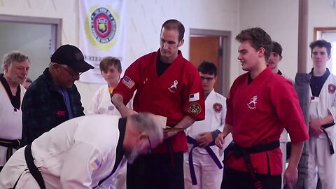 Taekwondo Grand Master is honored with a custom-made 7th-degree belt from Okinawa, Japan