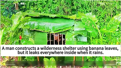 A man constructs a wilderness shelter using banana leaves, but it leaks everywhere inside when it