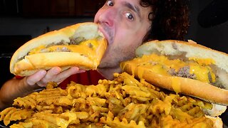 ASMR PHILLY CHEESE STEAK AND WAFFLE FRIES WITH EXTRA CHEESE SAUCE ! MUKBANG NO TALKING | NOMNOM