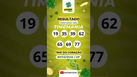 🍀 Resultado TIMEMANIA 1892 | Sentindo Sorte #shorts