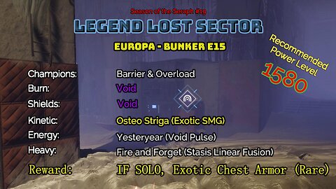 Destiny 2 Legend Lost Sector: Europa - Bunker E15 on my Hunter 2-3-23