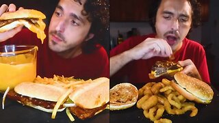asmr eating CHEESY MCDONALDS vs BURGER KING * mcrib burgers fries onion rings cheese mukbang *