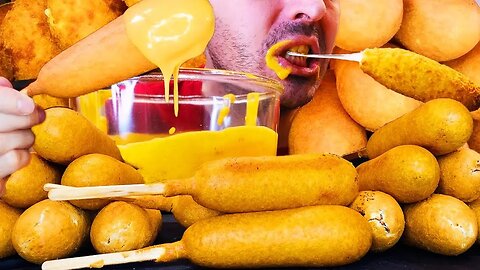 ASMR eating CHEESE SAUCE Corn Dogs ! #shorts