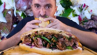 ASMR Eating Giant Cheesy Steak Sub ! No Talking Mukbang