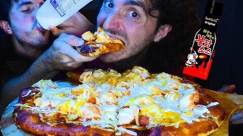 FIRE SAUCE CHICKEN PIZZA 불닭 3x Cheese | ASMR MUKBANG | Nomnomsammieboy