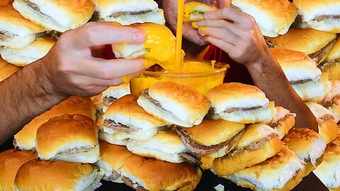 CHEESE SAUCE WHITE CASTLE BURGER FEAST * ASMR NO TALKING * | NOMNOMSAMMIEBOY