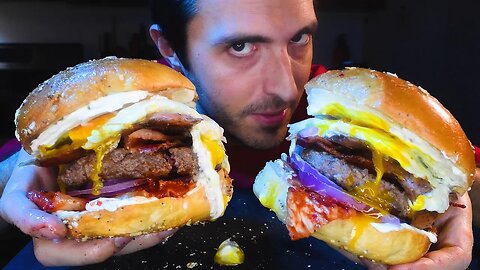 GIANT MESSY BREAKFAST BURGERS ! BACON SALMON EGGS AND KIMCHI ! * Mukbang * | Nomnomsammieboy