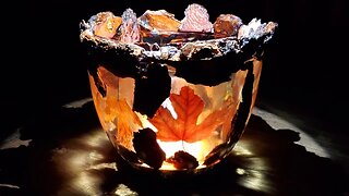 "Autumn Bits" Wood and resin turning. Maple leaves, bark, cherrywood and clear resin. Lathe work.