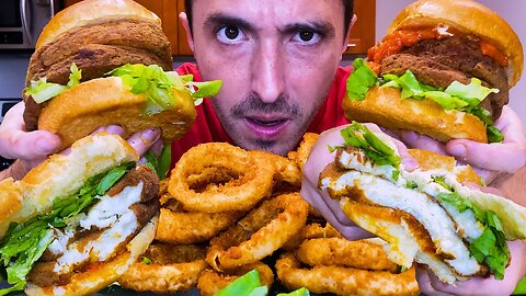 Asmr Eating DEEP FRIED CHEESE HALLOUMI BURGERS + Crunchy Onion Rings ! 튀긴 치즈 버거 | nomnomsammieboy