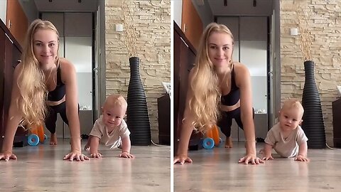 Strong baby wants to plank like his mommy