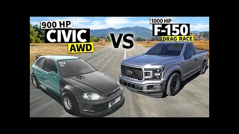 1000hp Ford F-150 “Gator” drag races K-Swapped 900hp Honda Civic // THIS vs THAT