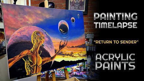 Painting a fantasy alien scene with acrylic paints. Time lapse