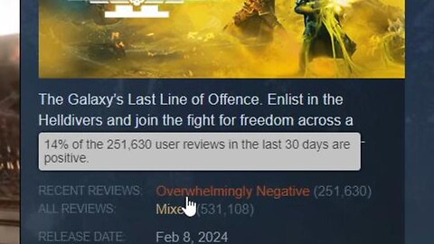 Helldivers 2 recent reviews dropped to 14% positive