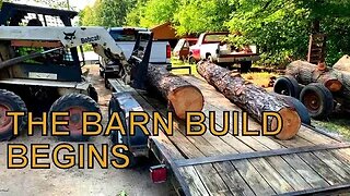 THE TIMBER FRAME BARN BEGINS, HAULING LOGS FOR THE SAWMILL