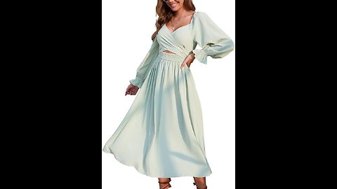 Long Puff Sleeve Dress Sage Flowy Casual Midi Dress with Pocket for Party Wedding Beach