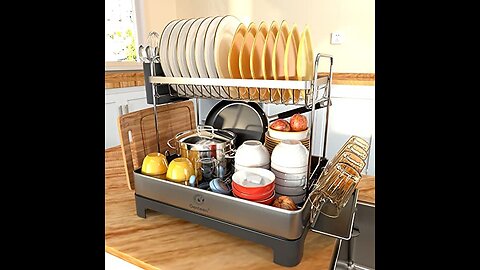 Wahopy Dish Drying Rack 2 Tiers Large Dish Rack Drainboard Set with Adjustable Swivel Spout, Ut...