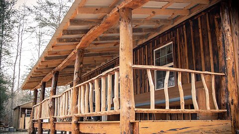 HAND CARVED FRONT PORCH HANDRAIL COMPLETE | TIMBER FRAME CABIN | OFF GRID HOMESTEAD