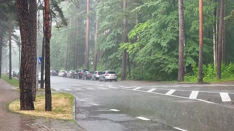 Rain over a pedestrian crossing on a road near Riga in Latvia