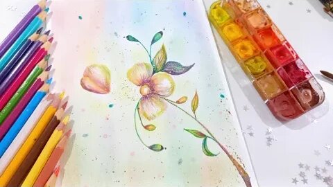 Desenho de Flor Fácil com Pintura em Aquarela e Lápis de cor aquarelável