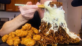 CHEESY BLACK BEAN NOODLES + FRIED CHICKEN | ASMR MUKBANG