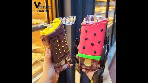 Cute Ice Cream Plastic Water Bottle With Straw Strap
