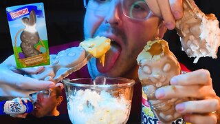 GIANT CRUNCHY CHOCOLATE EASTER BUNNY *CHEESE SAUCE + WHIPPED CREAM + PEANUT BUTTER + HONEY * ASMR *