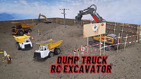 Three Dump Trucks Loading Soil Using RC Excavator