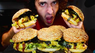 CRUNCHY SHRIMP CHEESE BURGERS WITH OKONOMIYAKI SAUCE ! * ASMR NO TALKING MUKBANG * NOMNOMSAMMIEBOY