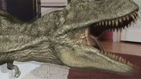 A Tyrannosaurus-Rex dinosaur is terrorizing a child's room in this hilarious video!