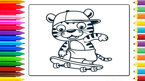 Drawing and coloring a cartoon tiger on skates