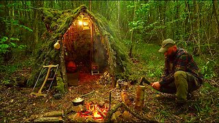 Building a Survival Shelter in a Forest - Camp food from natural herbs