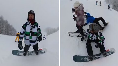 Heroic Snowboarder Leaps Into Action To Save Falling Little Girl