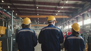 rear view medium slowmo of three male and female workers in hard hats and coveralls SBV 346532556 HD
