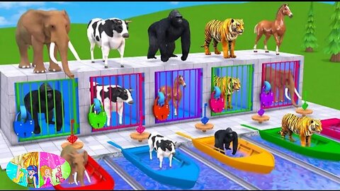 Choose The Right Drink With Cow, Gorilla, Elephant, Dinosaur, Wild Animals Crossing Fountain Game