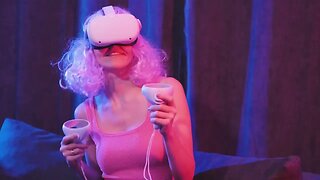 young woman with pink hair uses vr headset for listen to music at a virtual concert SBV 347349217 HD