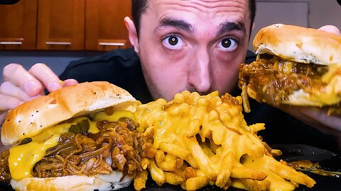 ASMR | PULLED PORK BURGER & CHEESE FRIES | MUKBANG