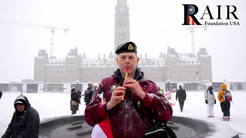 V4F member plays Oh Canada at anniversary of Convoy