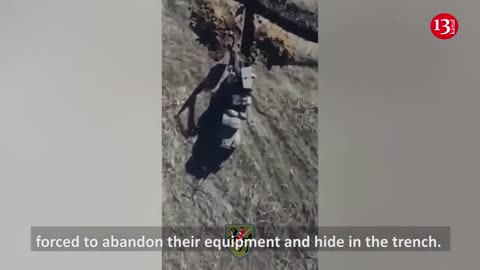 Russians digging trench with equipment fired at from a drone - They abandon equipment, flee to tench