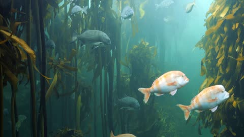 Underwater footage of kelp forest with fish
