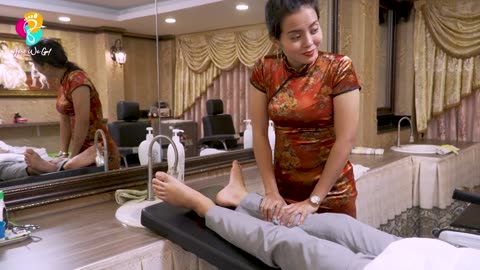 Vietnam barbershop massage cleanse face, shampoo hair with beautiful girl