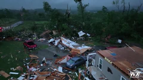 Drone footage of the tornado damage near Columbia, Tennessee