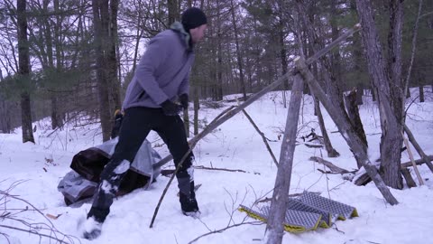 Winter Camping without a Tent - Improvised Tarp Shelter