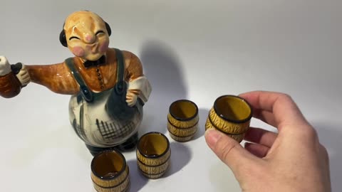 Vintage Ceramic Bartender Decanter and 4 Ceramic Barrel Shot Glasses - Hand painted Japan