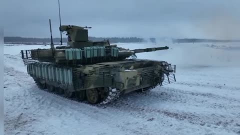 Russian tank crews practised hitting targets that simulated mock enemy's armoured vehicles
