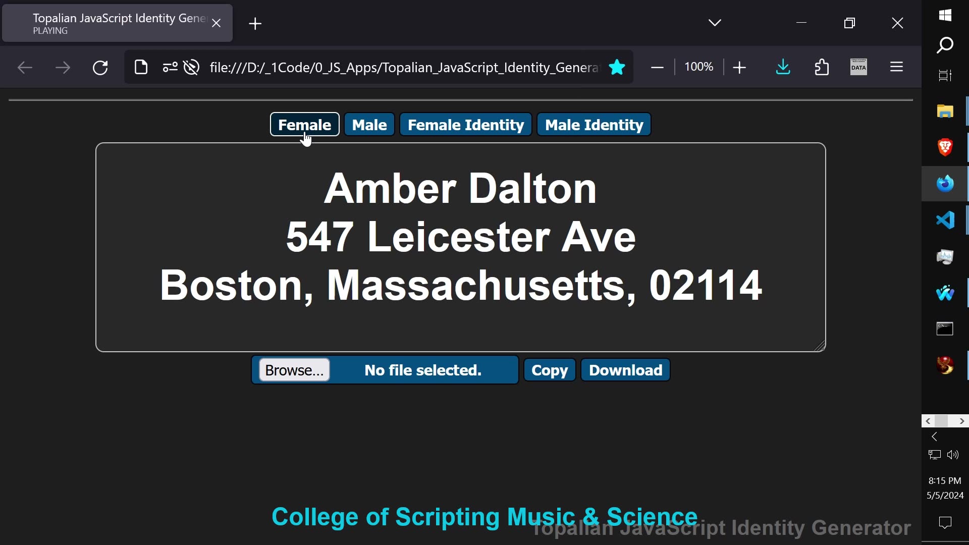 JavaScript Identity Generator Application