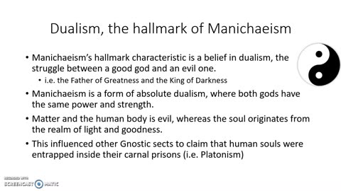 What is Manichaeism?la religione eretica pagana gnostica dualista politeista degli ebrei e dei massoni DOCUMENTARIO il manichesimo afferma che Mani oltre a essersi dichiarato il paraclito detto da Gesù dice che era la reincarnazione di diverse figure